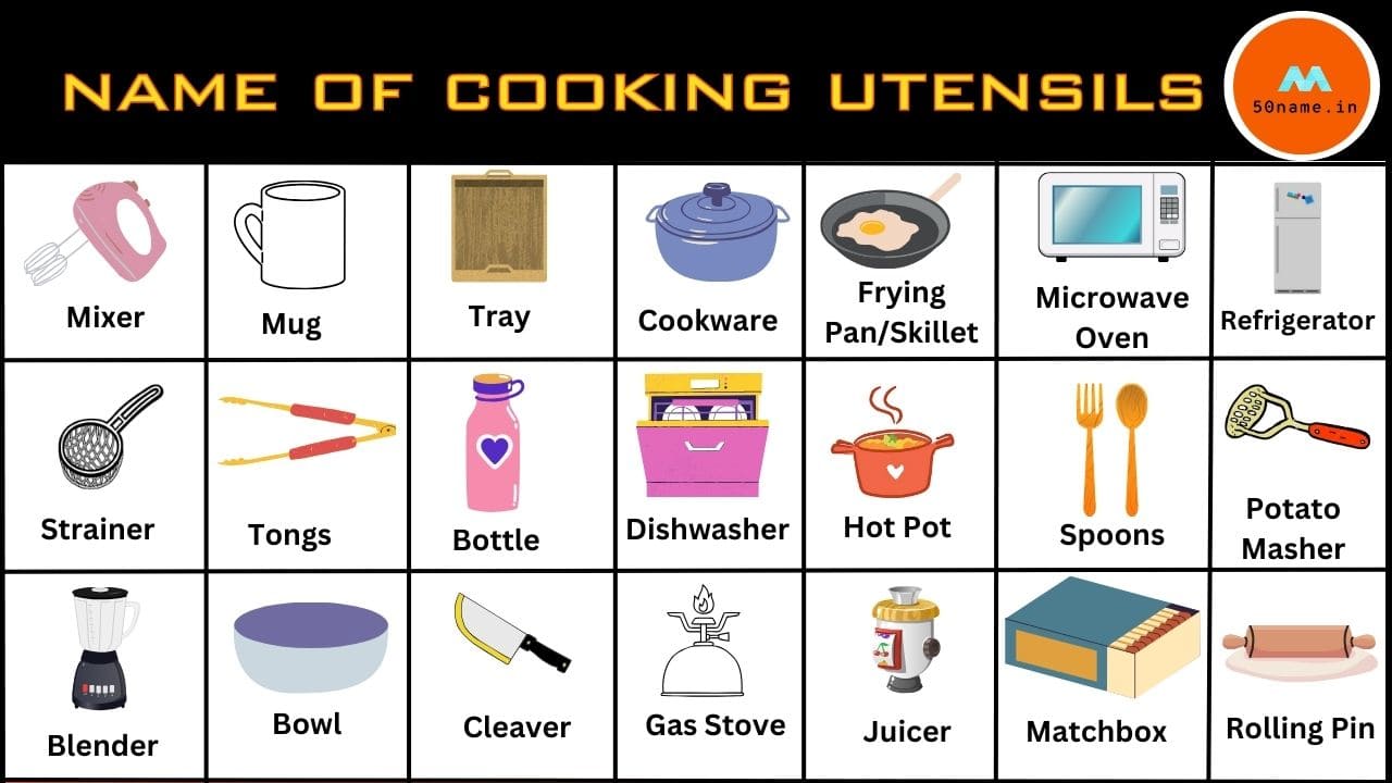 What is the 50 name of cooking utensils?खाना पकाने के बर्तनों का क्या नाम है?